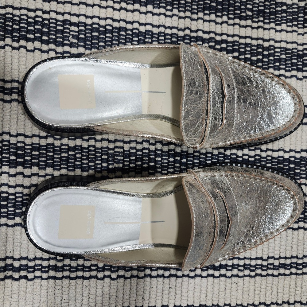 Dolce Vita Silver Metallic Crackle Leather Penny Loafer Mules Womens 9 Slip On - Picture 7 of 11